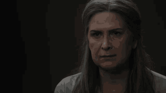 a woman with long gray hair is looking at the camera