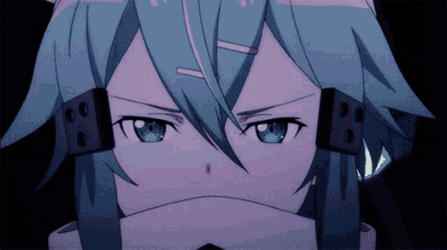a close up of a person with blue hair