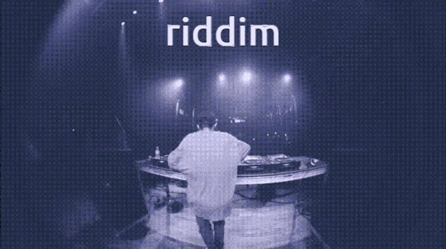 a man standing in front of a stage with the word riddim written on it