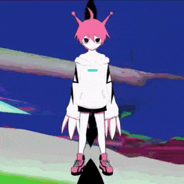 a cartoon character with pink hair and a white hoodie is standing on a hill .