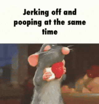 a cartoon rat is holding a strawberry in its mouth while jerking off and pooping at the same time .
