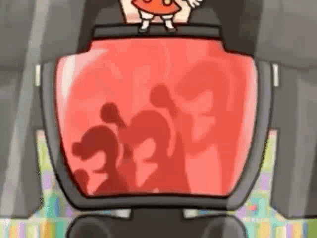 a cartoon character is standing on top of a red object with a shadow of a person in it .