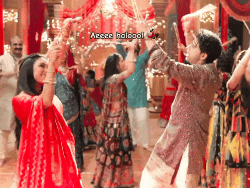 a group of people are dancing with a caption that says " aeeee halooo "