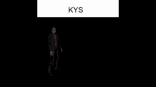 a man in a trench coat is standing in the dark with the word kys above him