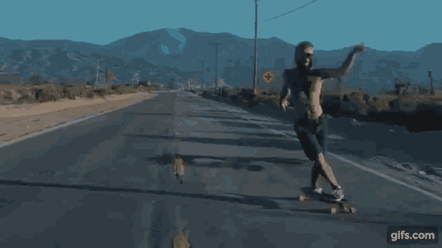 a man with a beard is running down a desert road