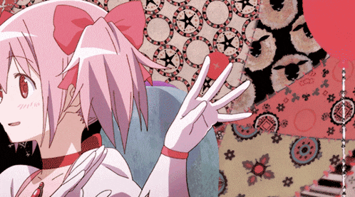 a drawing of a girl with pink hair and a red bow on her head