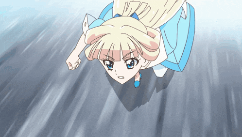 a cartoon girl with blonde hair and blue eyes is running