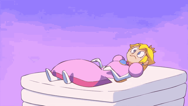 a cartoon of princess peach laying on top of a stack of mattresses