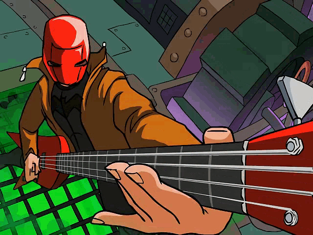 a cartoon of a man in a red helmet playing a bass guitar