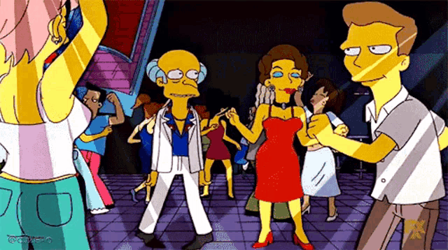 a group of cartoon characters are dancing in a club with the letters fx on the bottom left