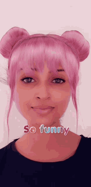 a woman with pink hair has the word so funny written on her face