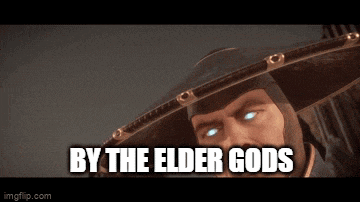 a man with blue eyes is wearing a hat and says by the elder gods .