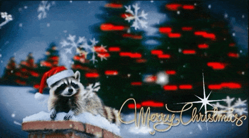 a raccoon wearing a santa hat sits on a chimney with the words merry christmas written in gold