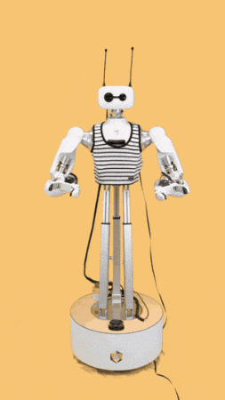 a robot with its arms outstretched and the word yeayyy written above it