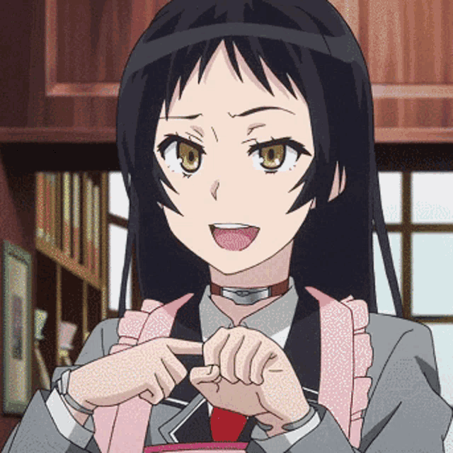 a girl with long black hair is wearing a pink backpack and a choker
