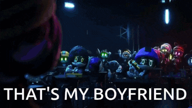two cartoon characters are standing next to each other in a dark room with the words `` that 's my boyfriend '' .