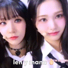two girls are standing next to each other and the words len y manu are on the bottom right