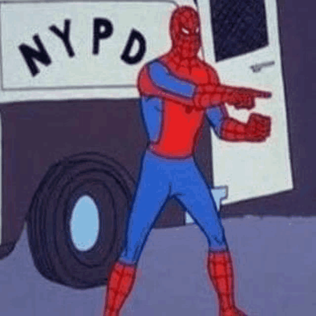 a cartoon of a man in a spiderman costume pointing at a nypd van .