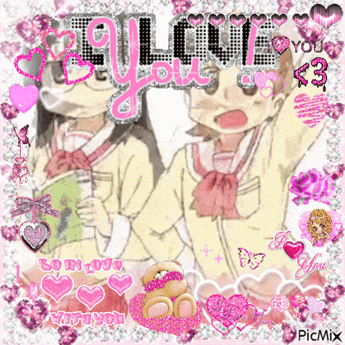 a picture of two girls with the words " i love you " on top of them