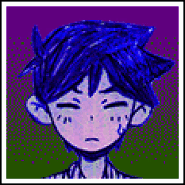 a pixel art of a boy with blue hair and a purple background .