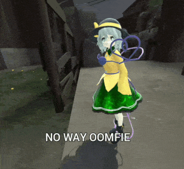 a picture of a girl in a green dress with the words no way oomfie below her