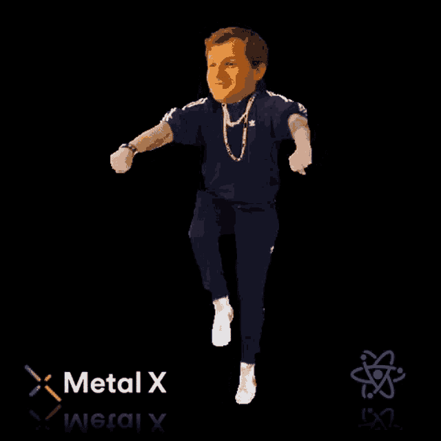 a man in a blue shirt is jumping in the air with the words metal x in the background