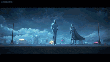 a couple of men standing next to each other with a city in the background