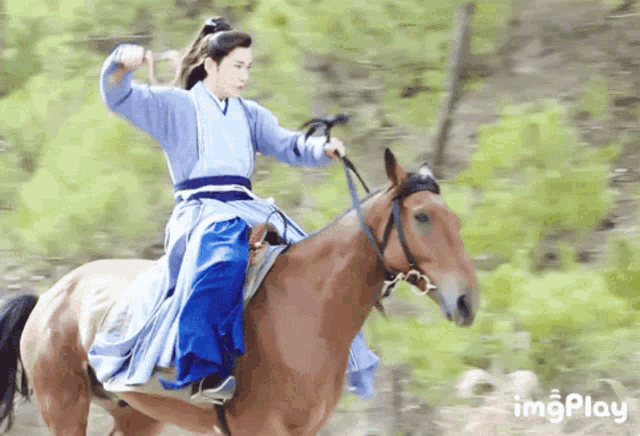 a man in a blue robe is riding on the back of a brown horse ..