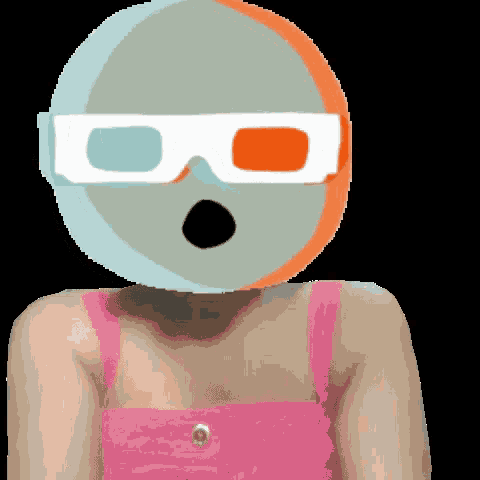 a woman wearing 3d glasses and a pink dress