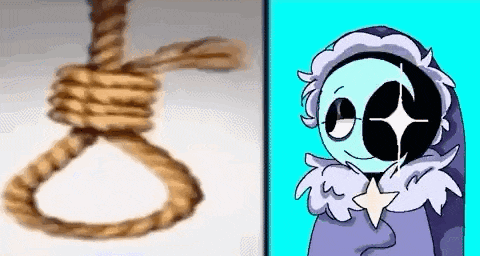 a picture of a rope noose next to a picture of a cartoon character with headphones on .