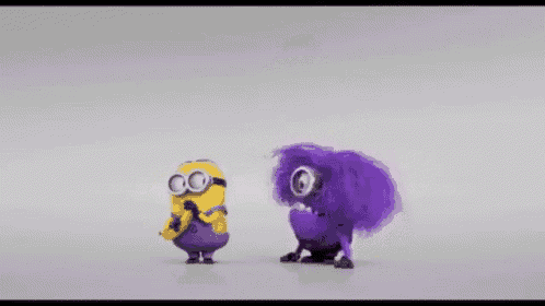 two minions , one yellow and one purple , are standing next to each other on a white background .