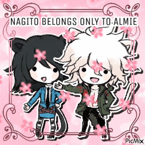 a drawing of two anime characters with the words nagito belongs only to almie on the bottom