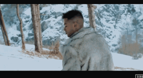 a man in a fur coat is walking through the snow