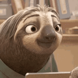 a cartoon sloth is smiling while sitting in front of a laptop computer .