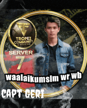 a man in a denim jacket is standing in front of a tropez community server 7 logo