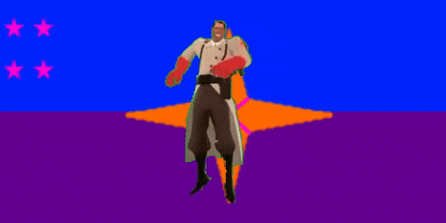 a man in a white coat and red gloves is standing in front of a purple and orange star .