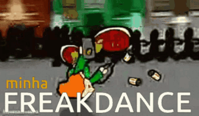 a freak dance advertisement with a cartoon character holding a racket