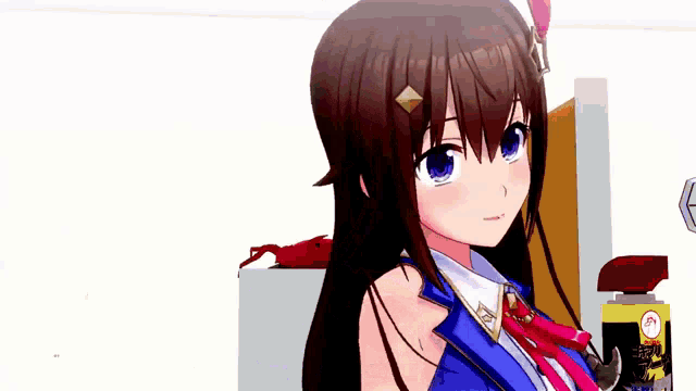 a 3d anime girl with long brown hair and blue eyes is standing next to a yellow can of soda .