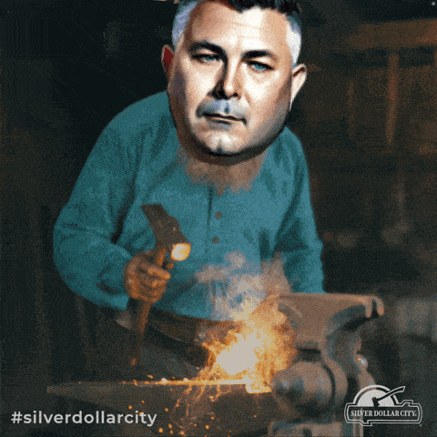 a man is working on a piece of metal with a silver dollar city logo in the corner