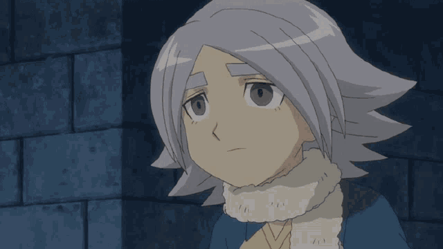 a cartoon character with gray hair and a scarf around his neck