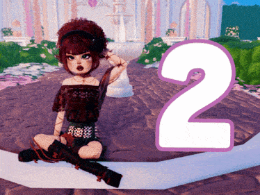 a cartoon girl is sitting on the ground with the number 2 in the background