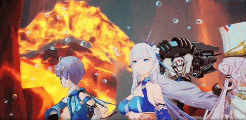 a group of anime characters standing in front of a large fire .