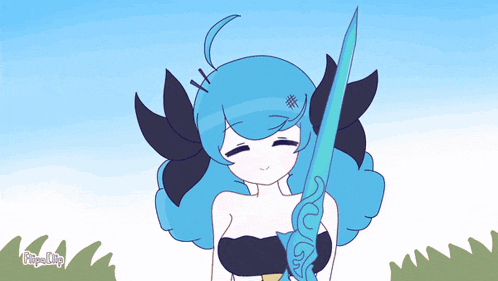 a cartoon of a girl with blue hair holding a sword with the word flipaclip on the bottom