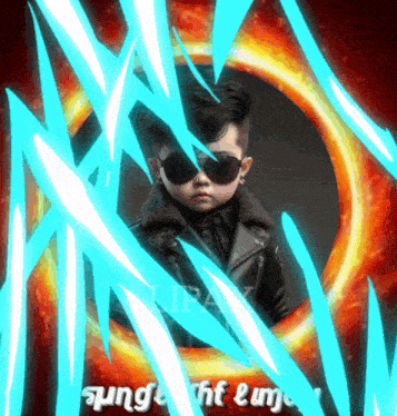 a young boy wearing sunglasses and a leather jacket is surrounded by a circle of fire