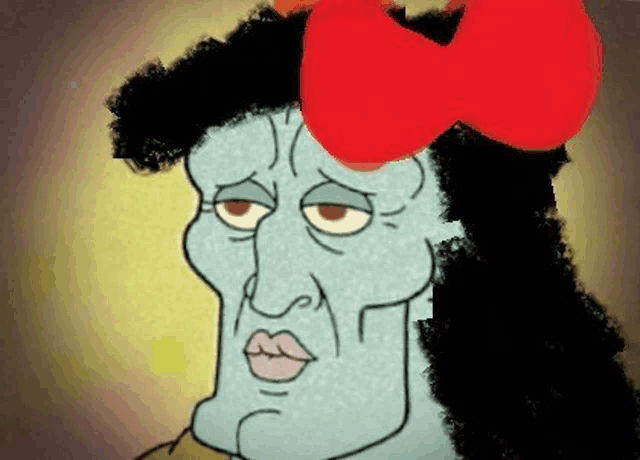 a cartoon character with a red bow on his head