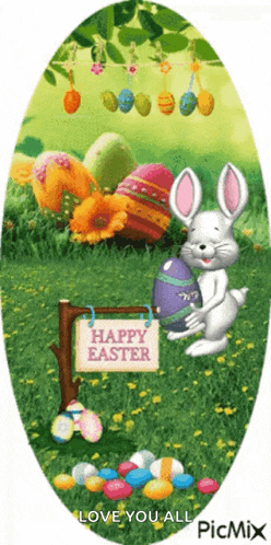 a bunny is holding an easter egg next to a sign that says happy easter .