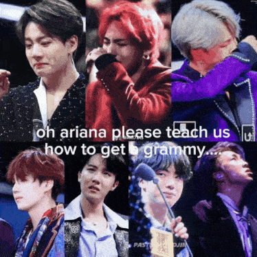 a collage of photos of a group of men with the caption oh ariana please teach us how to get a grammy