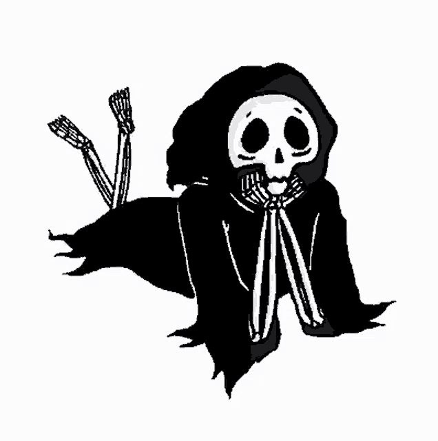 a black and white drawing of a grim reaper with a hood and skeleton arms and legs .