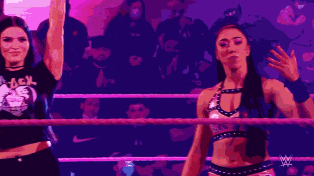 two women are standing in a wrestling ring with one wearing a shirt that says ' jade ' on it