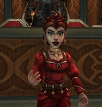 a woman in a red dress is standing in front of a statue